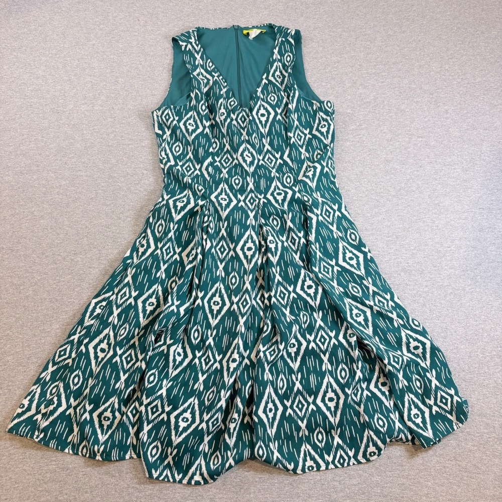 Yellow Star Fit & Flare Dress Womens‎ Small Green Ikat Geometric Sleeveless